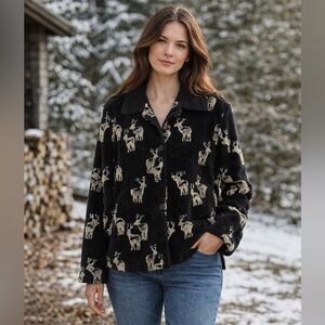 Cozy Black Reindeer Fleece Button-Up Jacket